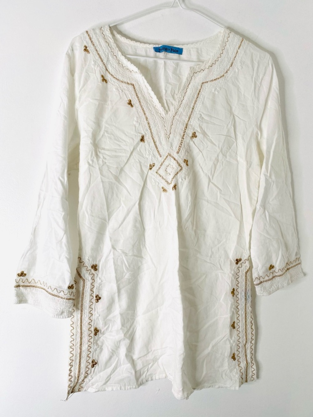 Solitaire Swim White Embroidered Cover-Up Tunic V-Neck Wide Sleeve Beach Kaftan